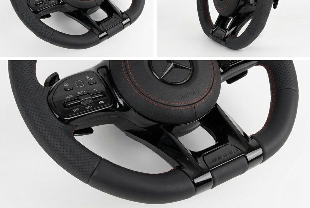 Mercedes AMG steering wheel black leather red stitching