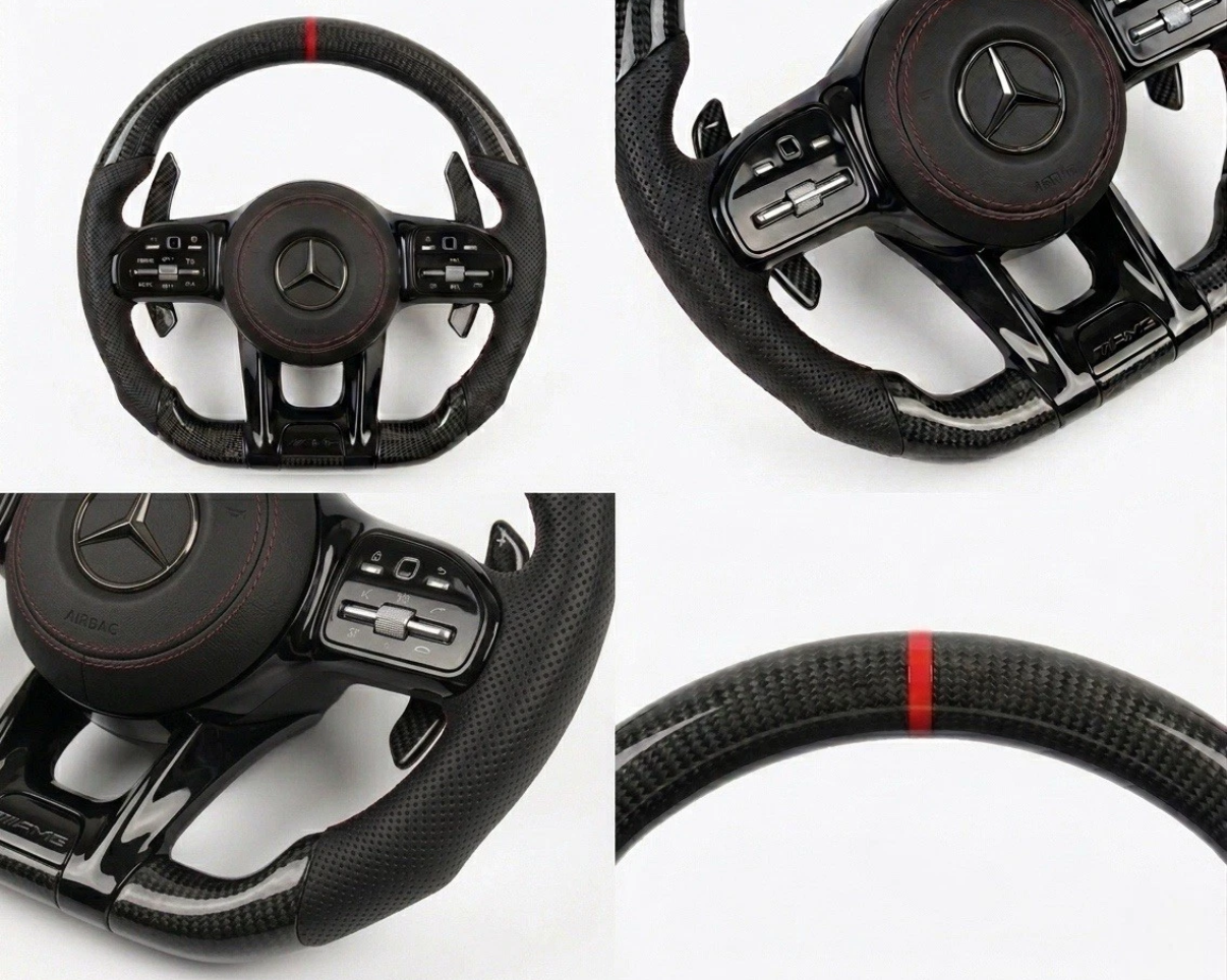Mercedes AMG carbon fibre steering wheel with red accent
