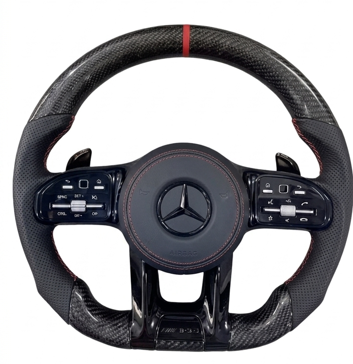 Mercedes AMG carbon fibre steering wheel with red accent