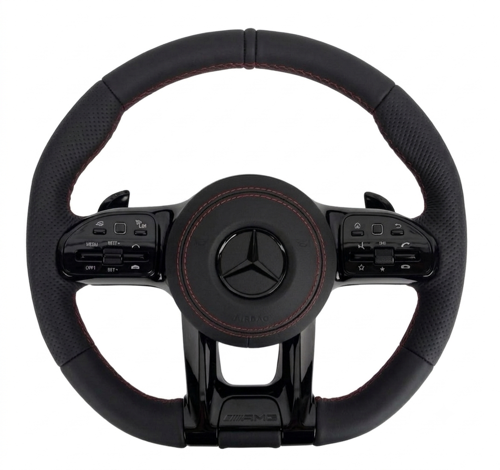 Mercedes AMG steering wheel black leather red stitching