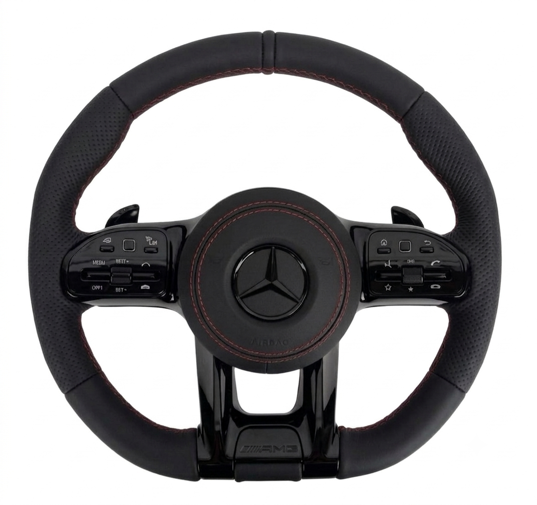 Mercedes AMG steering wheel black leather red stitching